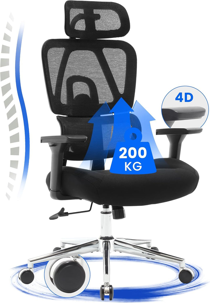 Fantasylab 3D Ergonomischer Bürostuhl 200KG Grosser und hoher Bürostuhl mit 3D Weiches Kissen 4D Arm