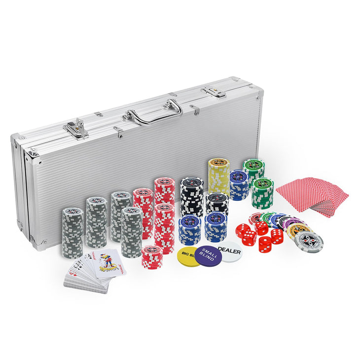 AufuN Pokerkoffer 500 Chips Laser Pokerchips 12 Gramm Metallkern, inkl. 2X Pokerdecks, 5X Würfel, De