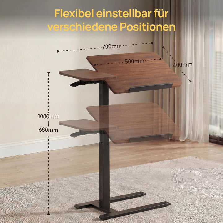 Viviendo Betttisch auf Rollen, Braun, höhenverstellbarer Beistelltisch 68–108 cm mit Gasdruckfeder,
