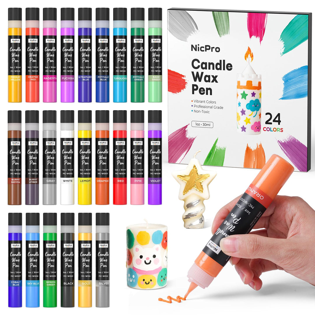 Nicpro Kerzenstifte 24 Farben X 30 ml, Wachsstifte für Kerzen, 3D Kerzenwachs Stift Inklusive Glitze
