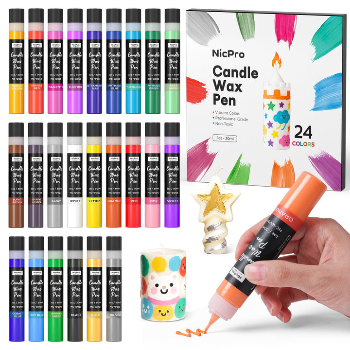 Nicpro Kerzenstifte 24 Farben X 30 ml, Wachsstifte für Kerzen, 3D Kerzenwachs Stift Inklusive Glitze