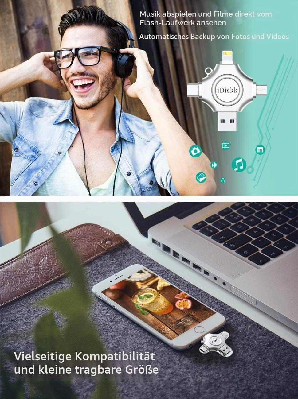 iDiskk 1 TB MFi-zertifizierter Fotospeicher für iPhone, USB-Flash-Laufwerk für USB-C, iPad, Android,