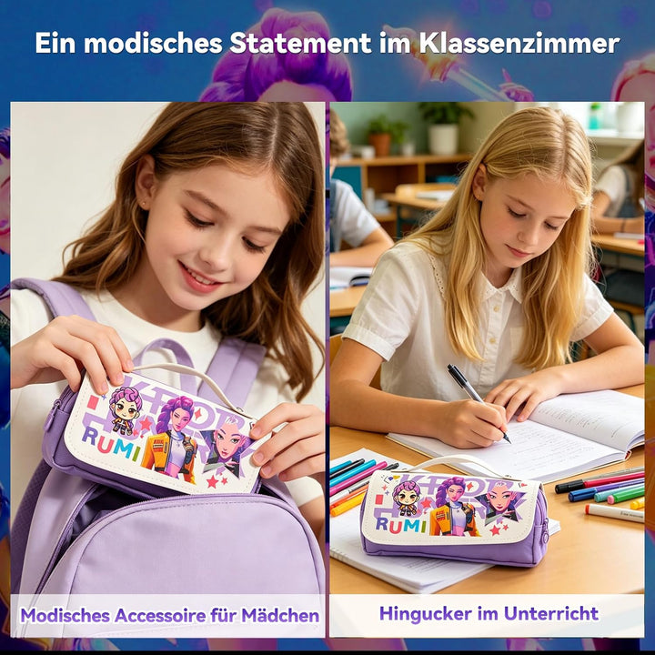 Federmäppchen für Mädchen im Korea-Pop Stil, Federtasche mit Klettverschluss-Klappe & 3 Fächern, Gro