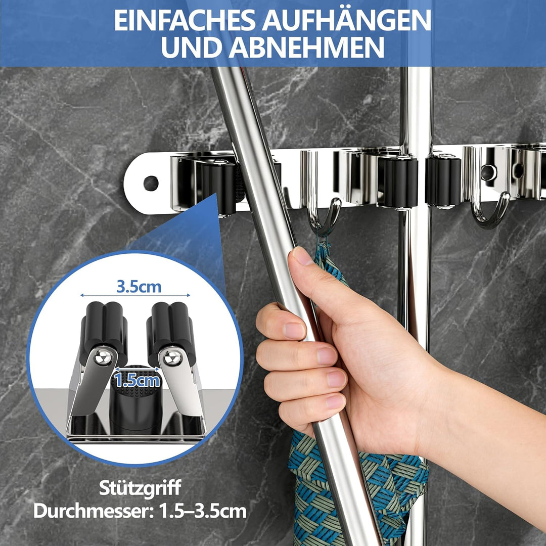 Besenhalter Wandmontage mit 5 Halterungen und 4 Haken mit Nägeln Installation Hauswirtschaftsraum Au