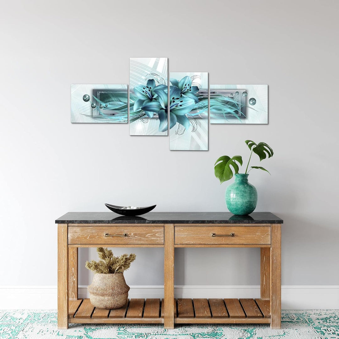 Runa Art Bild Modern Blumen Lilien - Made in Germany - Wandbilder Abstrakt Türkis 4 Teilig 008742a 1