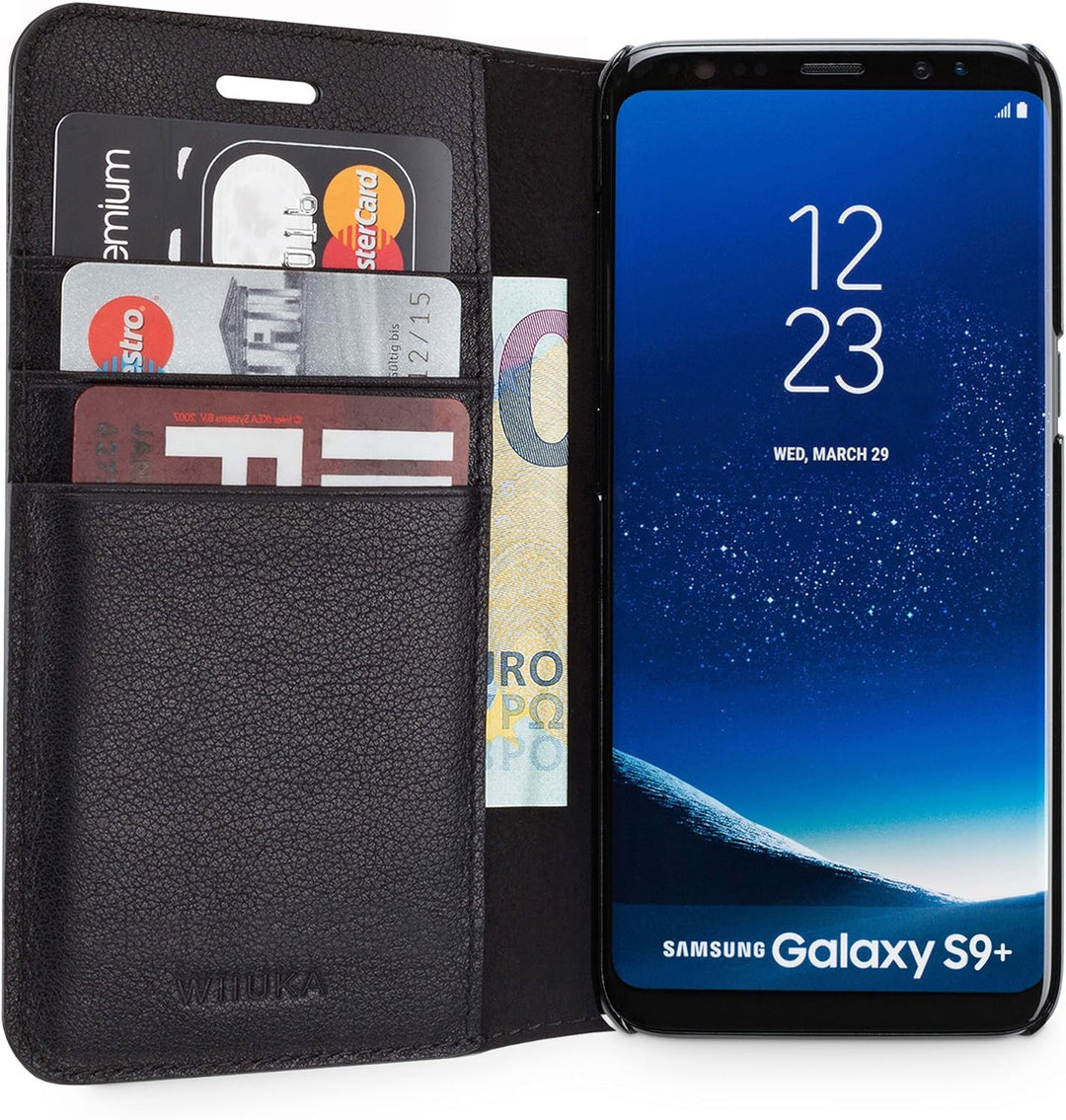 WIIUKA Echt Ledertasche -TRAVEL Away- für Samsung Galaxy S9+ Plus, mit Vier Kartenfächern, extra Dün