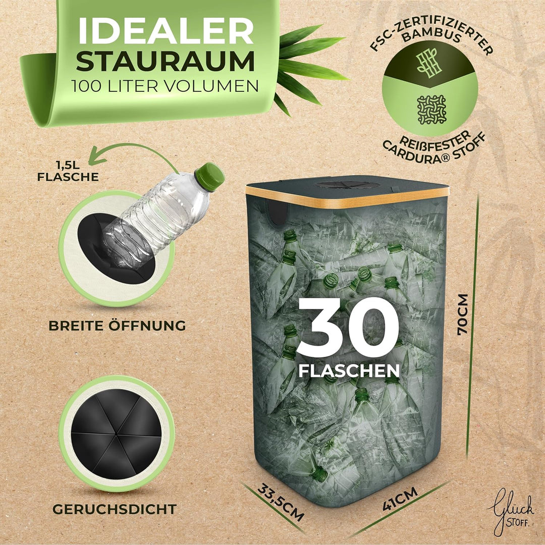 Glückstoff® Pfandflaschen Sammelbehälter [INKL. TRAGETASCHE] - Flaschensammler Leergut - PET Flasche