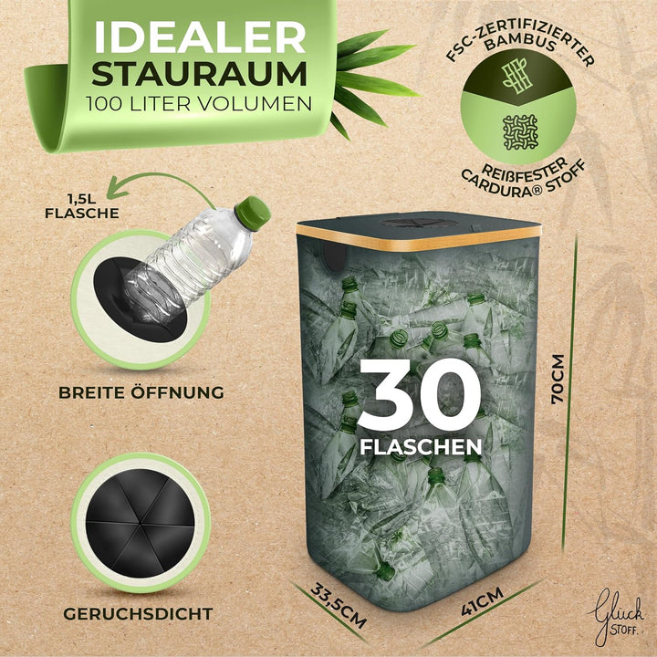 Glückstoff® Pfandflaschen Sammelbehälter [INKL. TRAGETASCHE] - Flaschensammler Leergut - PET Flasche