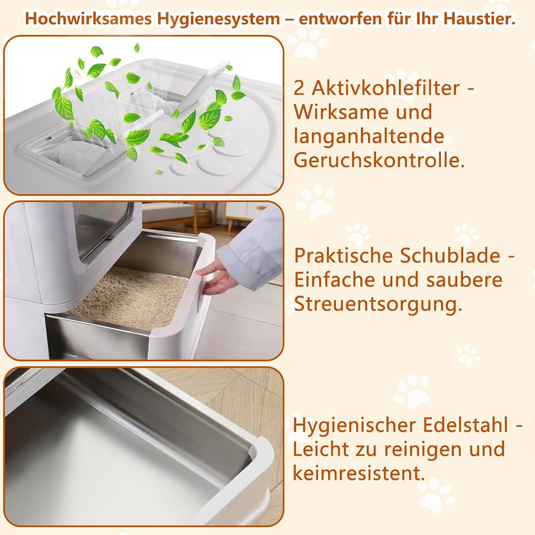 Edelstahl Katzenklo,Faltbare Katzentoilette XXL mit Deckel und Schublade,Geschlossenes Edelstahl Kat