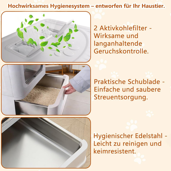 Edelstahl Katzenklo,Faltbare Katzentoilette XXL mit Deckel und Schublade,Geschlossenes Edelstahl Kat