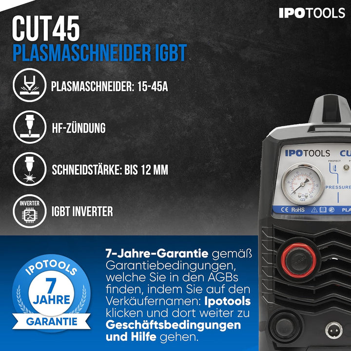 IPOTOOLS Plasmaschneider CUT-45R - Plasmaschneidgerät 45A bis 12 mm Schneidleistung Inverter Schweis