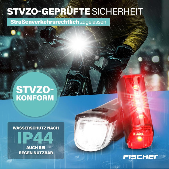 Fischer Twin Fahrradlicht Set, 360° Bodenbeleuchtung, LED Fahrradlampe 30 Lux, Akku aufladbar mit US