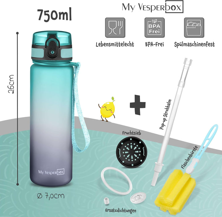 My Vesperbox – Minny - Kinder Trinkflasche auslaufsicher – 350ml, 500ml, 750ml – mit Strohhalm oder