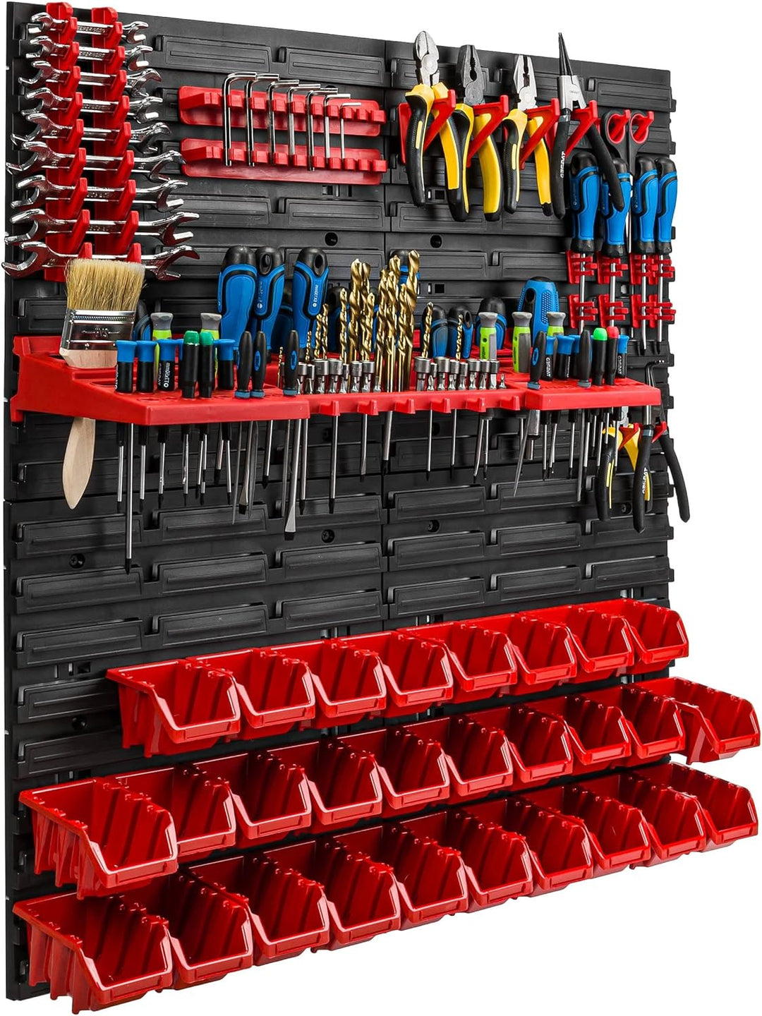 Lagersystem Werkstattregal | 78 x 78 cm | 28 stck. Box | Wandregal mit Werkzeughalterungen und Stape