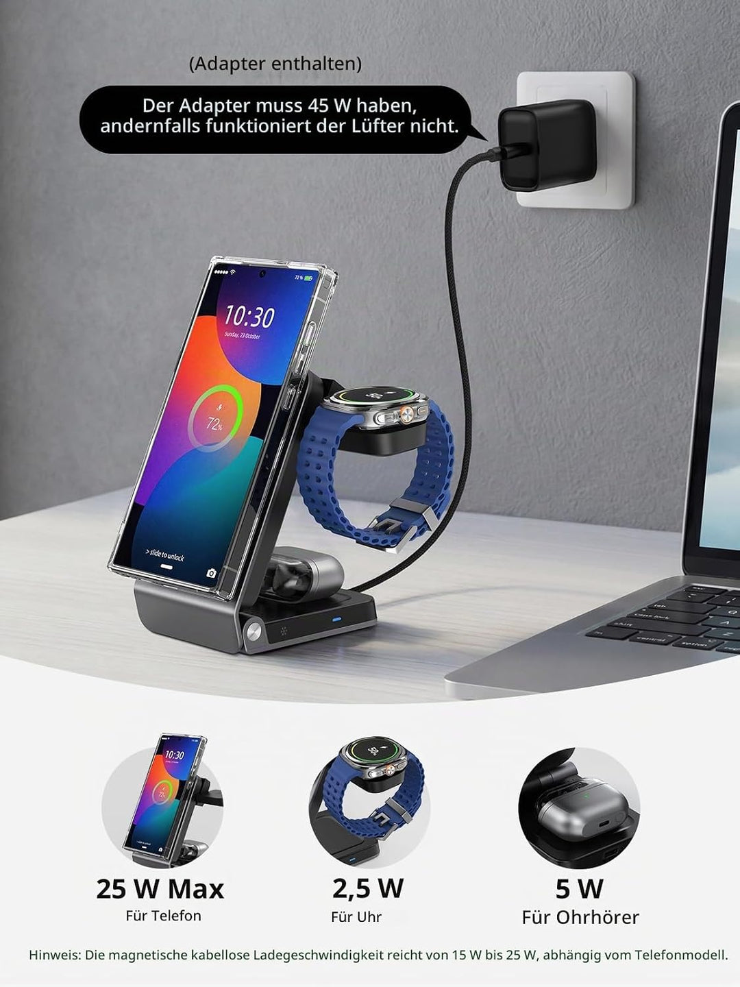 Magnetic Wireless Ladestation für Samsung mit Aktiver Kühlung, 3 in 1 Induktive ladestation für Sams