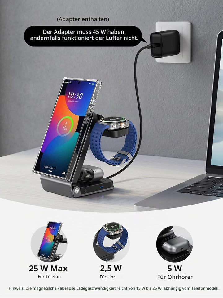 Magnetic Wireless Ladestation für Samsung mit Aktiver Kühlung, 3 in 1 Induktive ladestation für Sams
