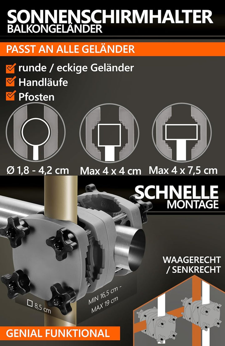 4smile Sonnenschirm Balkon SunnyShade 3-in-1 SET in Beige - UPF 50+ Sonnenschirm rechteckig 200 x 12