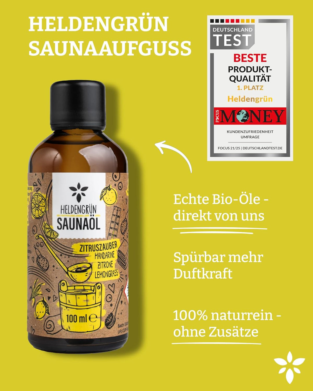 Heldengrün BIO Saunaaufguss Zitruszauber [ECHTE BIO-ÖLE] - Saunaöl mit Mandarine, Zitrone & Lemongra