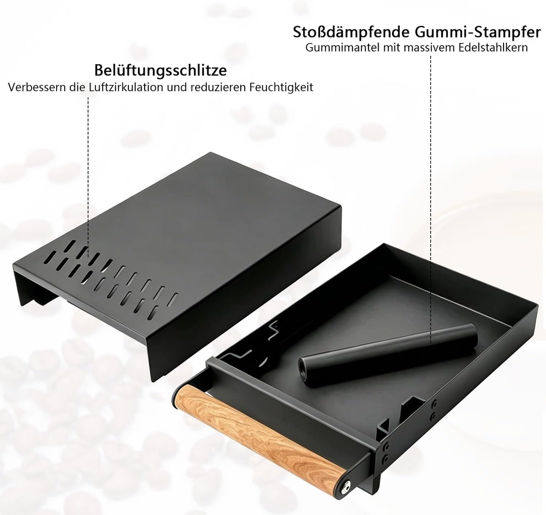 Sudschublade, Abklopfschublade für Siebträger mit Echtholzgriff, Knockbox aus Edelstahl mit Rutschfe