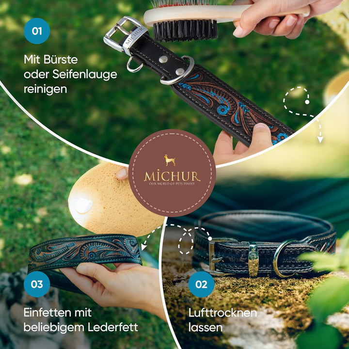 MICHUR Luis Hundehalsband Leder, Lederhalsband Hund, Halsband, Braun mit blauen Akzenten und schönem