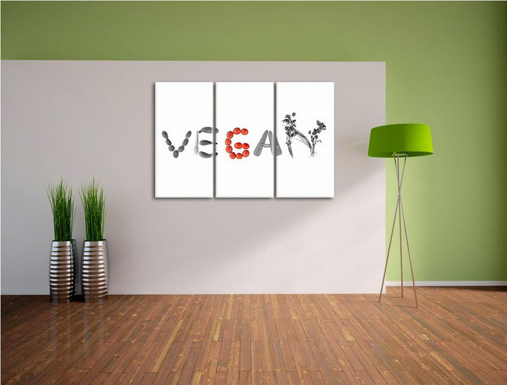 Schriftzug Vegan Gemüse schwarz/weiss 3-Teiler Leinwandbild 120x80 Bild auf Leinwand, XXL riesige Bi