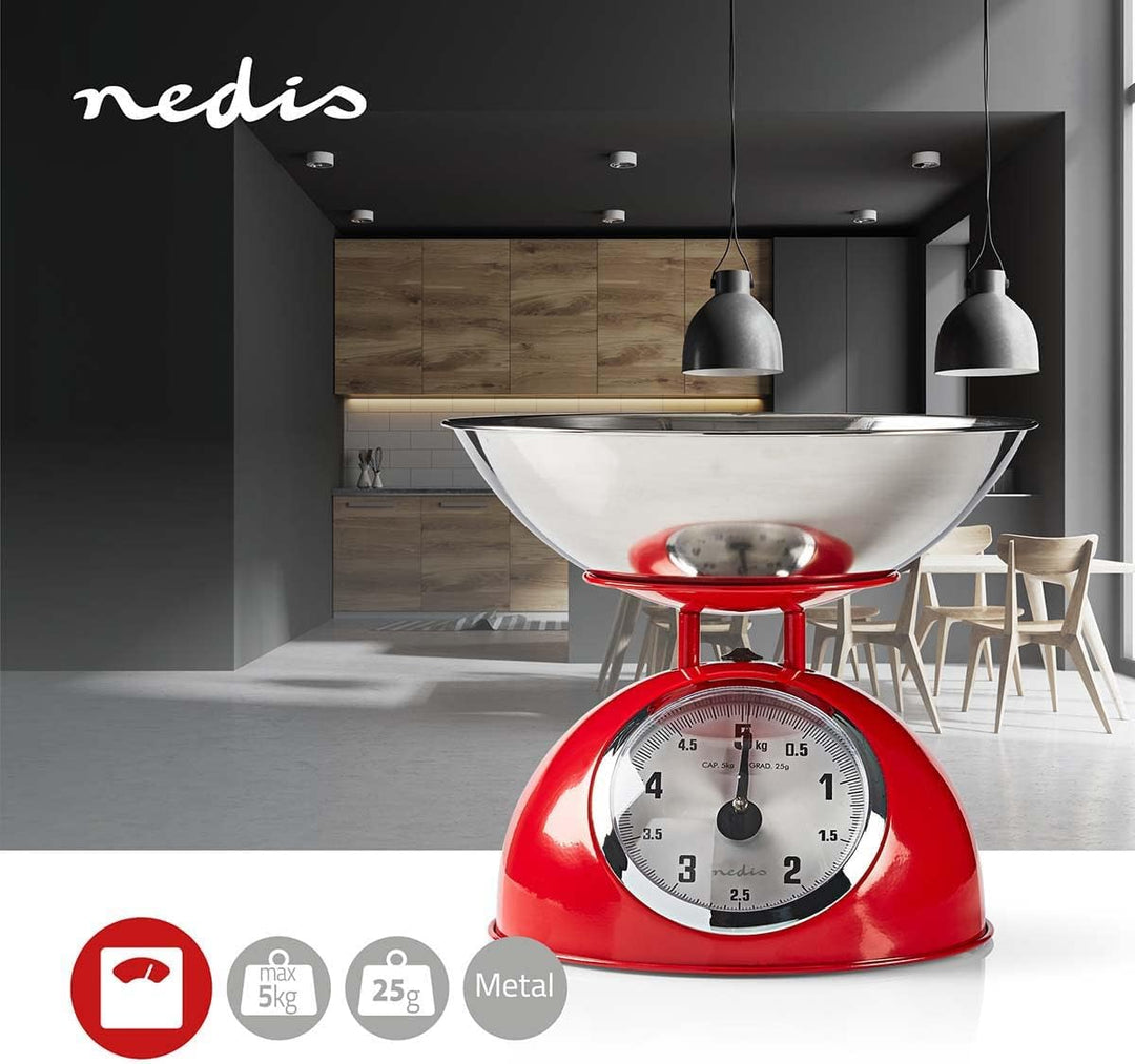 Nedis KASC110RD Küchenwaage - Analog - 5 kg Kapazität - Edelstahl - Glänzendes Design - Analog Küche