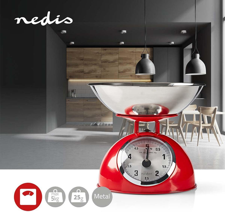 Nedis KASC110RD Küchenwaage - Analog - 5 kg Kapazität - Edelstahl - Glänzendes Design - Analog Küche