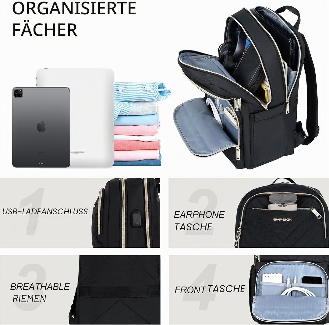 EMPSIGN Damen Rucksack, 15,6 Zoll Laptop Schultasche mit USB-Anschluss, Reiserucksack Wasserdichter