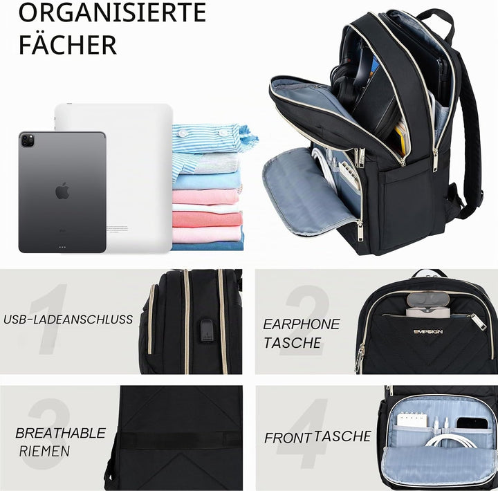 EMPSIGN Damen Rucksack, 15,6 Zoll Laptop Schultasche mit USB-Anschluss, Reiserucksack Wasserdichter