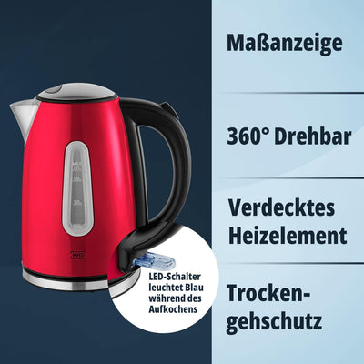 KHG Wasserkocher WK-1707 MRE Edelstahl rot 1,7 Liter, auswaschbarer Kalkfilter, Wasserstandsanzeige,