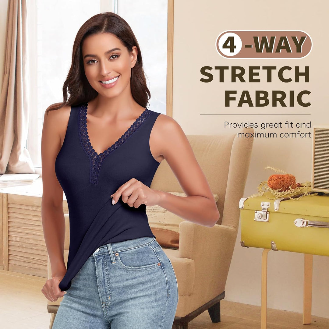 WOWENY Thermo Trägershirt Damen Fleece Tank Top mit Spitze Ärmellose Elegant Spitzentop Unterhemd V-