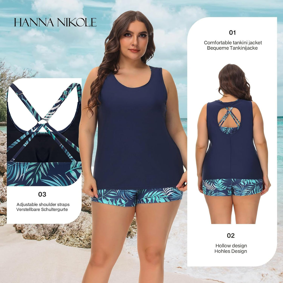 Tankini Damen Sportlich Grosse Grössen Dreiteilig Tank Aushöhlen Oberteil mit Boyshorts Push Up Bade