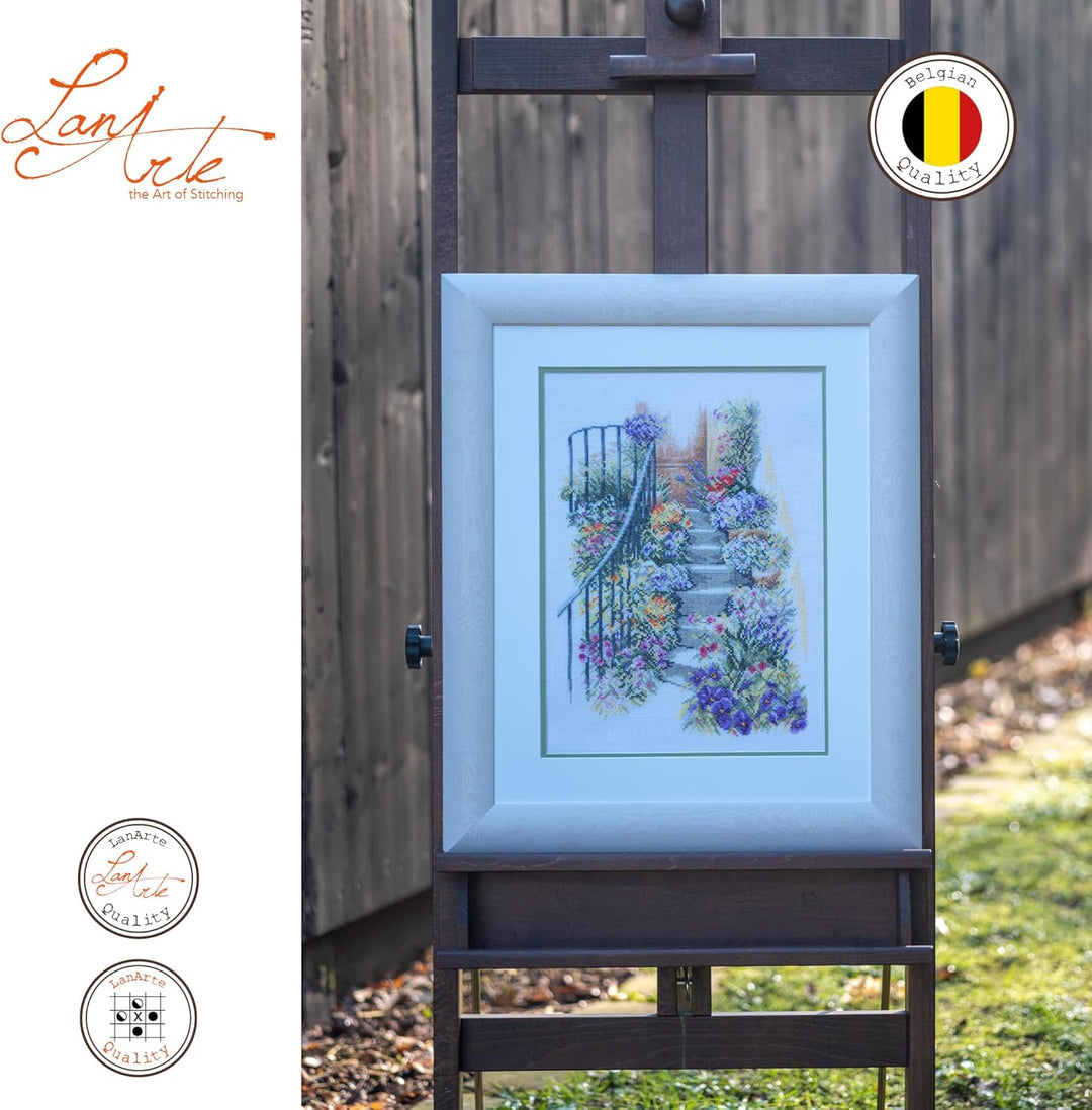 Lanarte Zählmusterpackung Treppe mit Blumen Leinen Kreuzstichpackung, Baumwolle, Mehrfarbig, 27.0 x