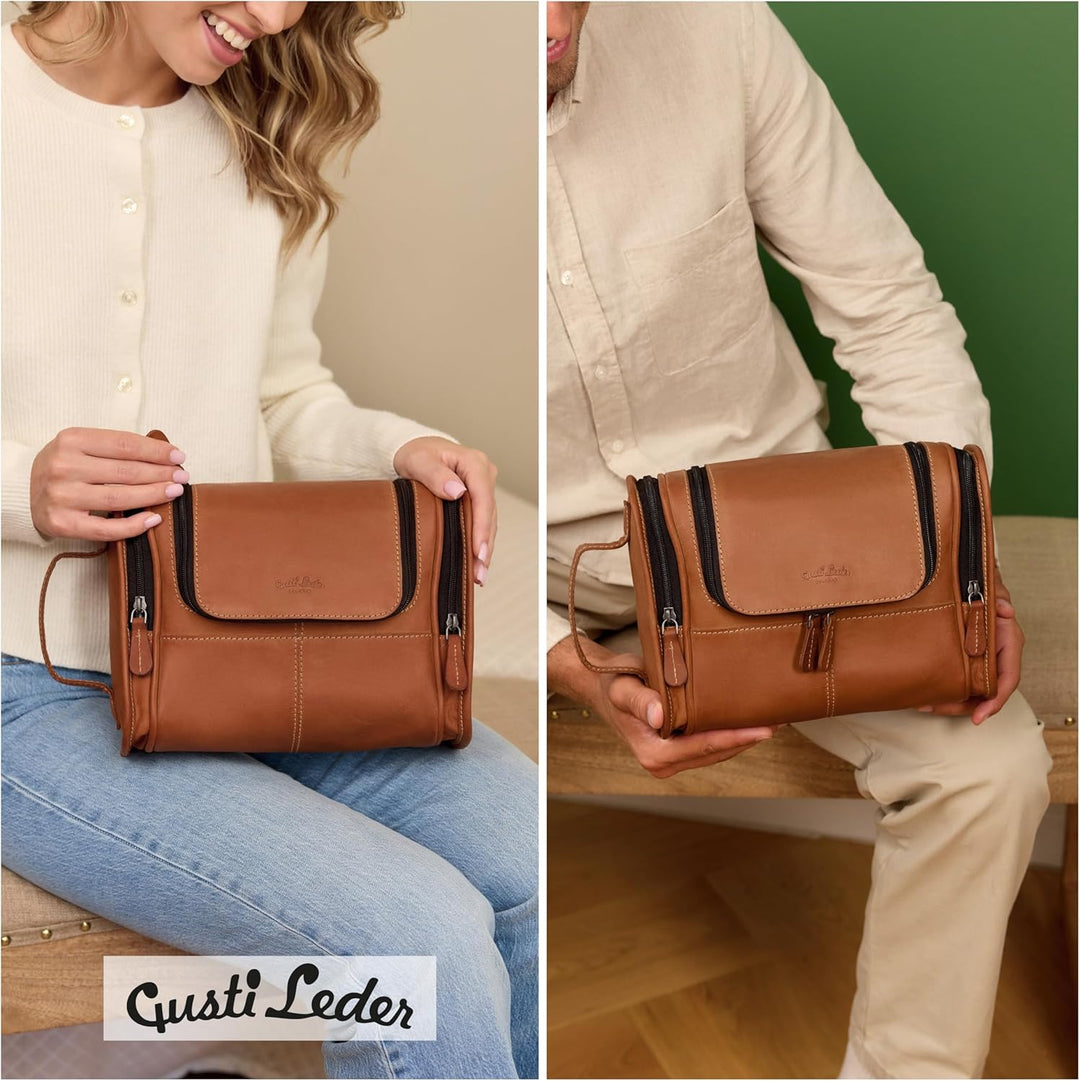Gusti Kulturtasche Leder - Chester Schminktasche Damen Kosmetiktasche Klein Waschtasche Männer Make