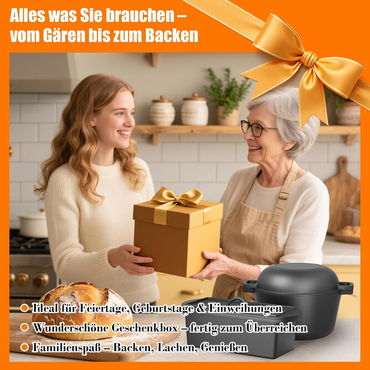 GFTIME Gusseisen Topf 26cm Brot Backen inkl. Brotbackform mit Deckel inkl. Gärkorb - Robuste Brotbac