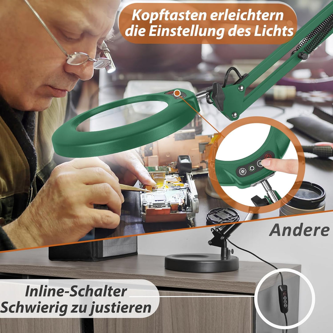 Veemagni 10X Lupe mit Licht, 5 Farbmodi Stufenlos Dimmbar 2-in-1 Schreibtischlampe und Klemme, LED B