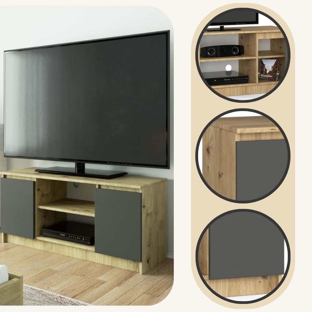 AKORD Low Board K-120 | TV-Shrank mit EIN offenes Regalfach | Fernsehkommode 2 Ablagen mit Türen Lin