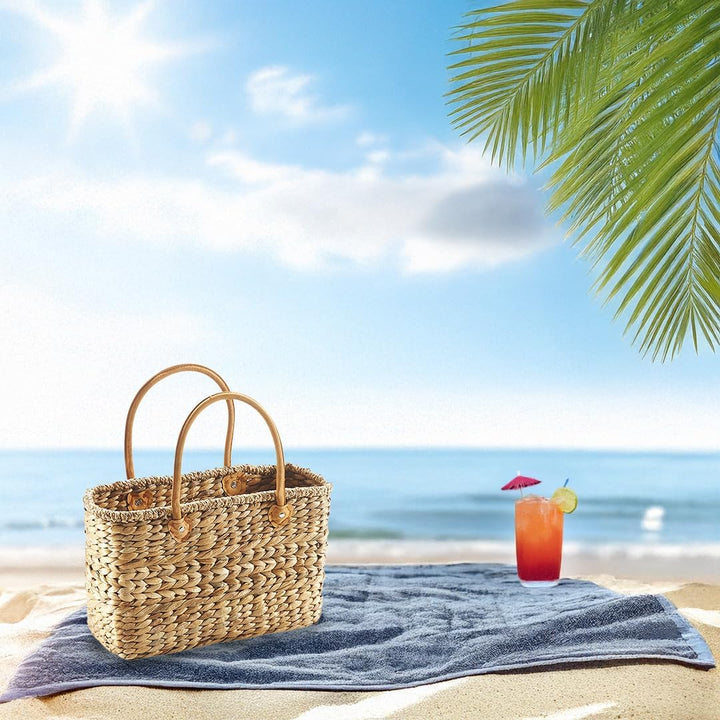Kobolo - Korbtasche aus Wasserhyazinthe mit Lederhenkeln - 38x16x24 cm - Handgefertigte Strandtasche