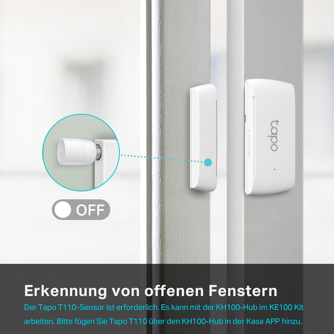 Bündel von TP-Link Kasa Smartes Heizkörperthermostat KE100 KIT + TP-Link Tapo T110 Smart Kontakt Sen