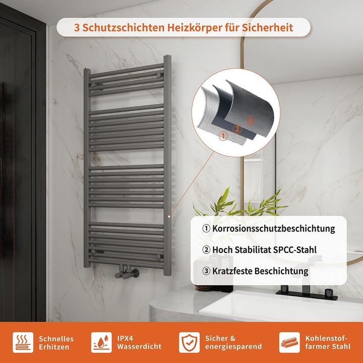 Badheizkörper Mittelanschluss 1200x600 mm, 600W Handtuchheizkörper & Handtuchtrockner, Einfach Insta
