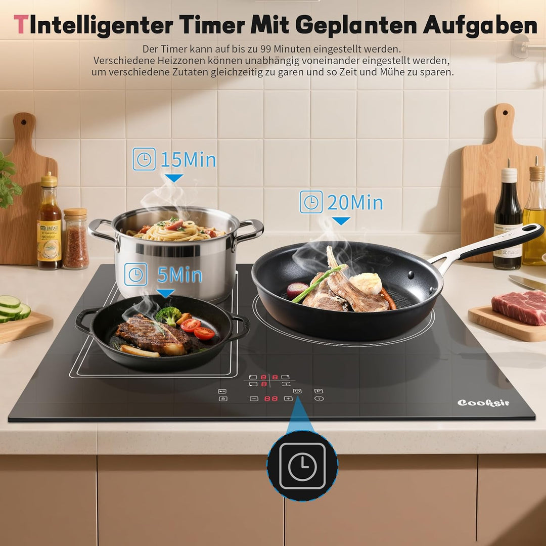 59cm Einbau Induktionskochfeld 3 Platten mit Rahmen, Cooksir Kochfeld Autark Flexzone, 6800W, FlexZo