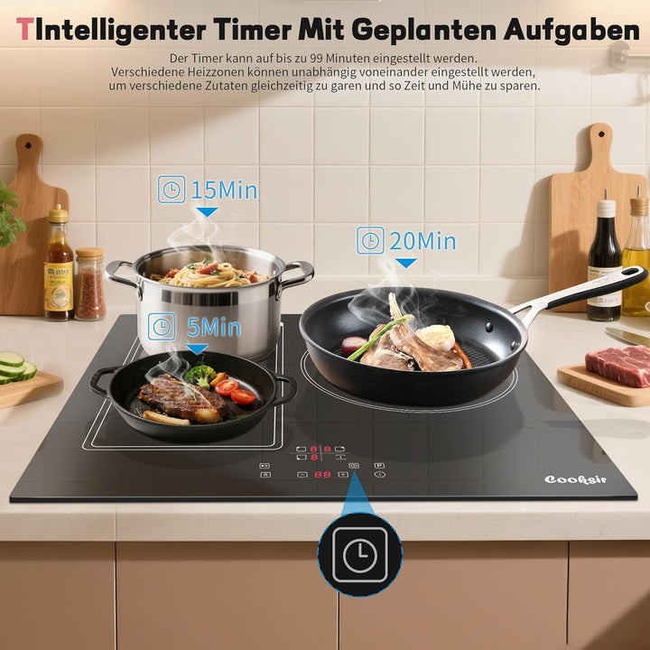 59cm Einbau Induktionskochfeld 3 Platten mit Rahmen, Cooksir Kochfeld Autark Flexzone, 6800W, FlexZo