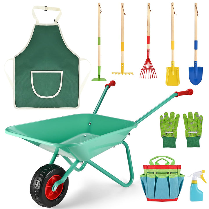 GOLDGE Schubkarre Kinder, 10 Stück Kinder Gartengeräte Set mit 5pcs Gartenwerkzeug Schaufel Set, Wer
