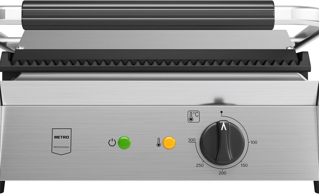 METRO Professional Kontaktgrill SINGLE GPG1201, 3000 W, Rostfreier Stahl, geriffelte Grillfläche, Fe