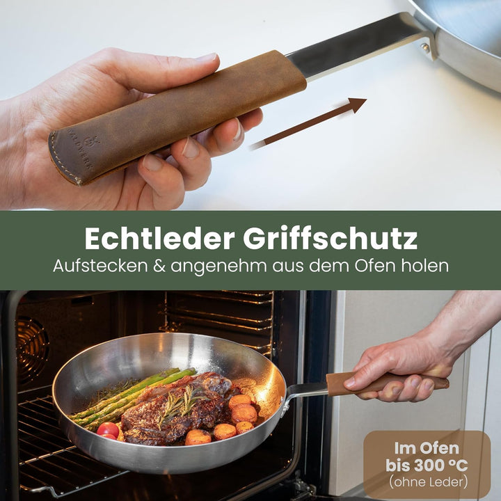 WALDWERK Edelstahlpfanne 28 cm - Induktionsgeeignet und Ofenfest - Pfanne aus Edelstahl mit Lederübe
