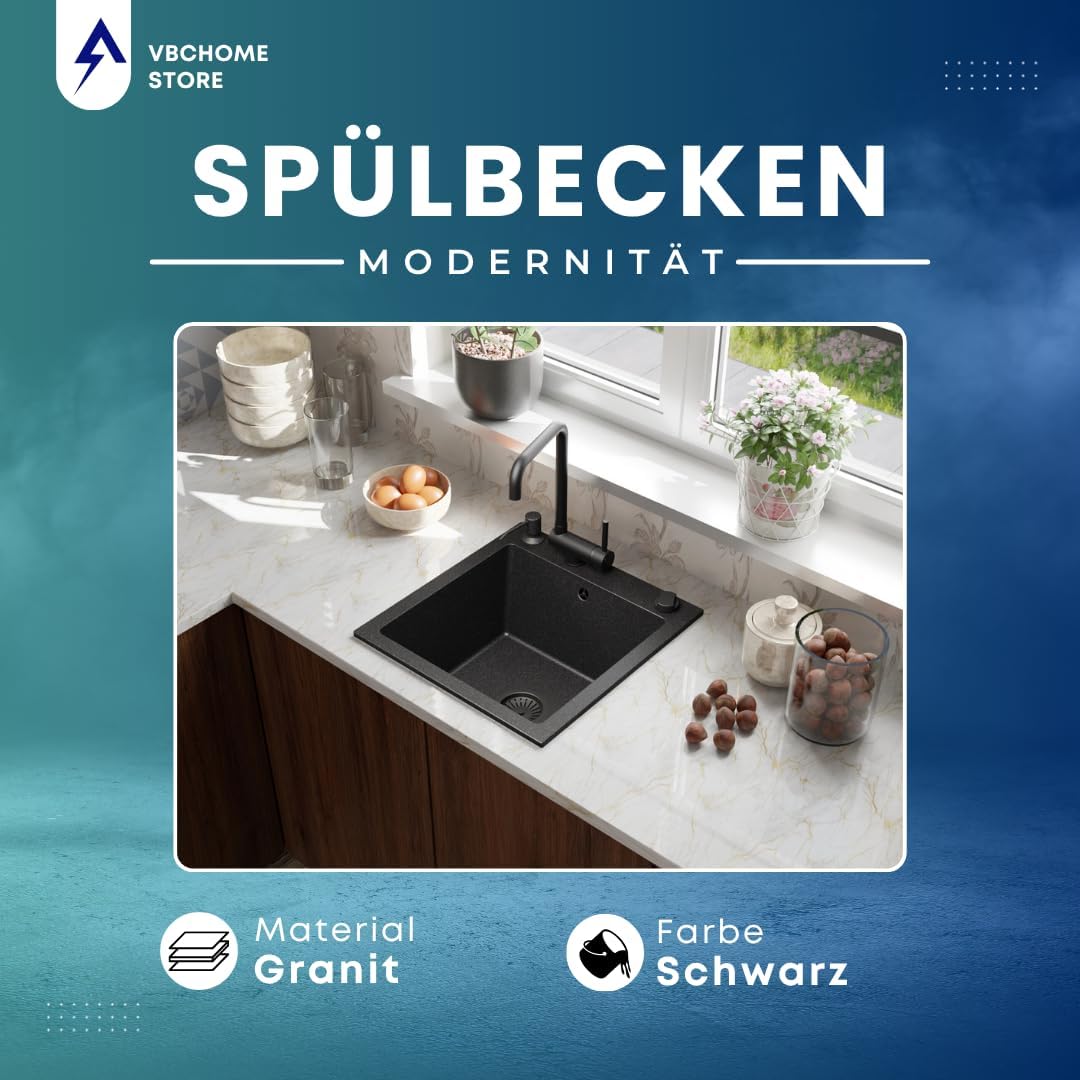 VBChome Granitspüle 50 x 48 cm Schwarz mit flexibler Armatur Einzelbecken Einbauspüle Gesprenkelt Pf