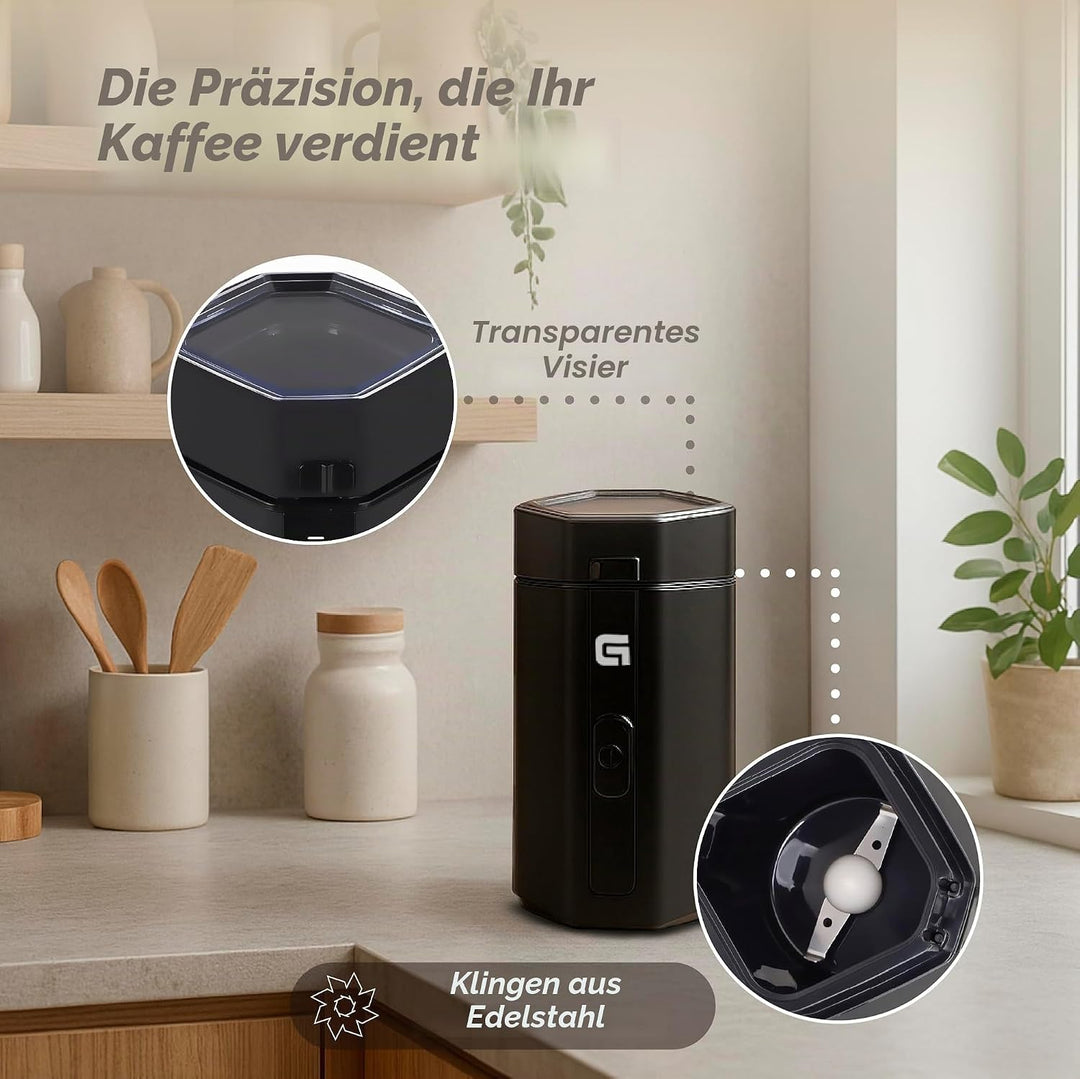 Grunkel Elektrische Kaffeemühle mit Druckknopf und transparentem Visier - MO-150R - Kapazität 50 g,