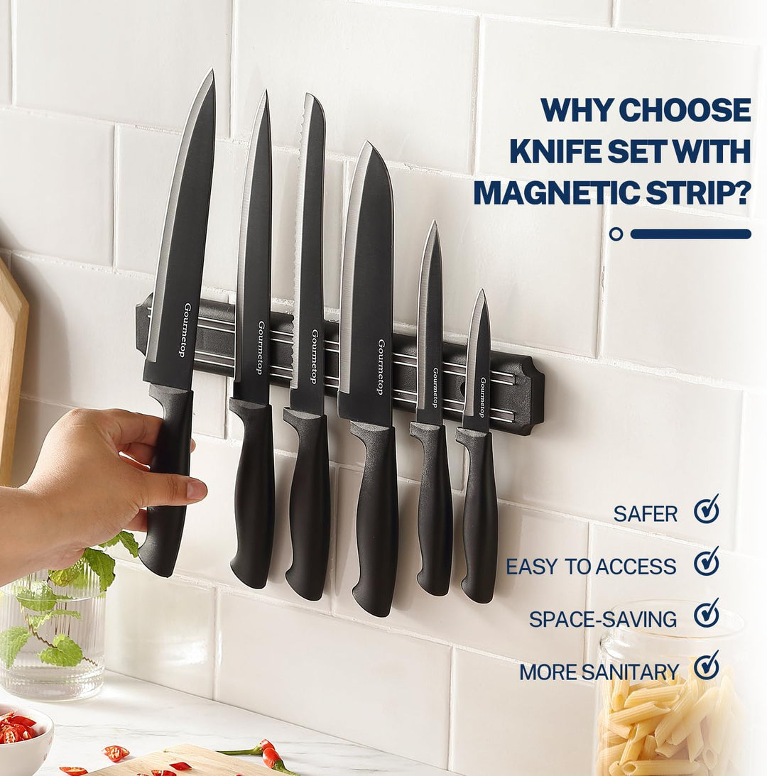 Gourmetop Kitchen Knife Set with No Drilling Magnetic Strip, Knives Set for Kitchen Black Cooking Kn