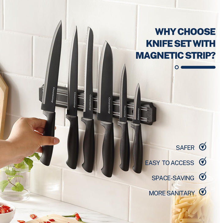 Gourmetop Kitchen Knife Set with No Drilling Magnetic Strip, Knives Set for Kitchen Black Cooking Kn