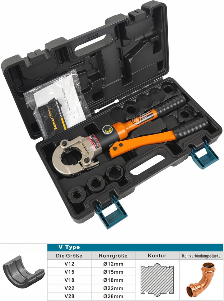 AMZCNC Profi Presszange V-Kontur 12-15-18-22-28 Set Presswerkzeug mit 180° drehbarem Kopf,für Kupfer